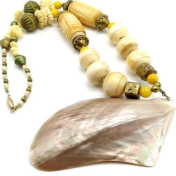 Artisan 4" MOP Shell Brass & Faux Bone Statement Necklace - Picture 1 of 15